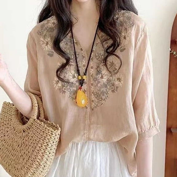 Neewe Womens Tops 3/4 Sleeve Shirts Round Neck Loose Casual Blouses Floral Embroidered Tshirts