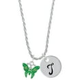 thumbnail image 1 of Delight Jewelry Silvertone Lime Green Butterfly with 2 Lime Green Crystals Silvertone Script Initial Disc - T - Charm Necklace, 20"+3", 1 of 4