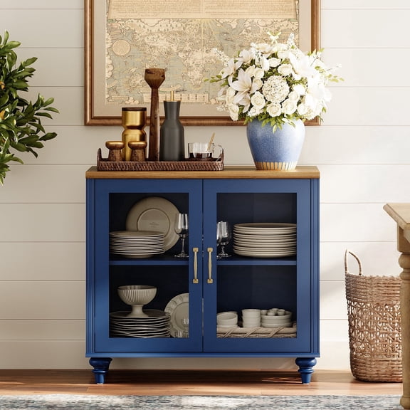 Sideboard Buffet Cabinets with 2-Glass Door, Navy Blue, 34"