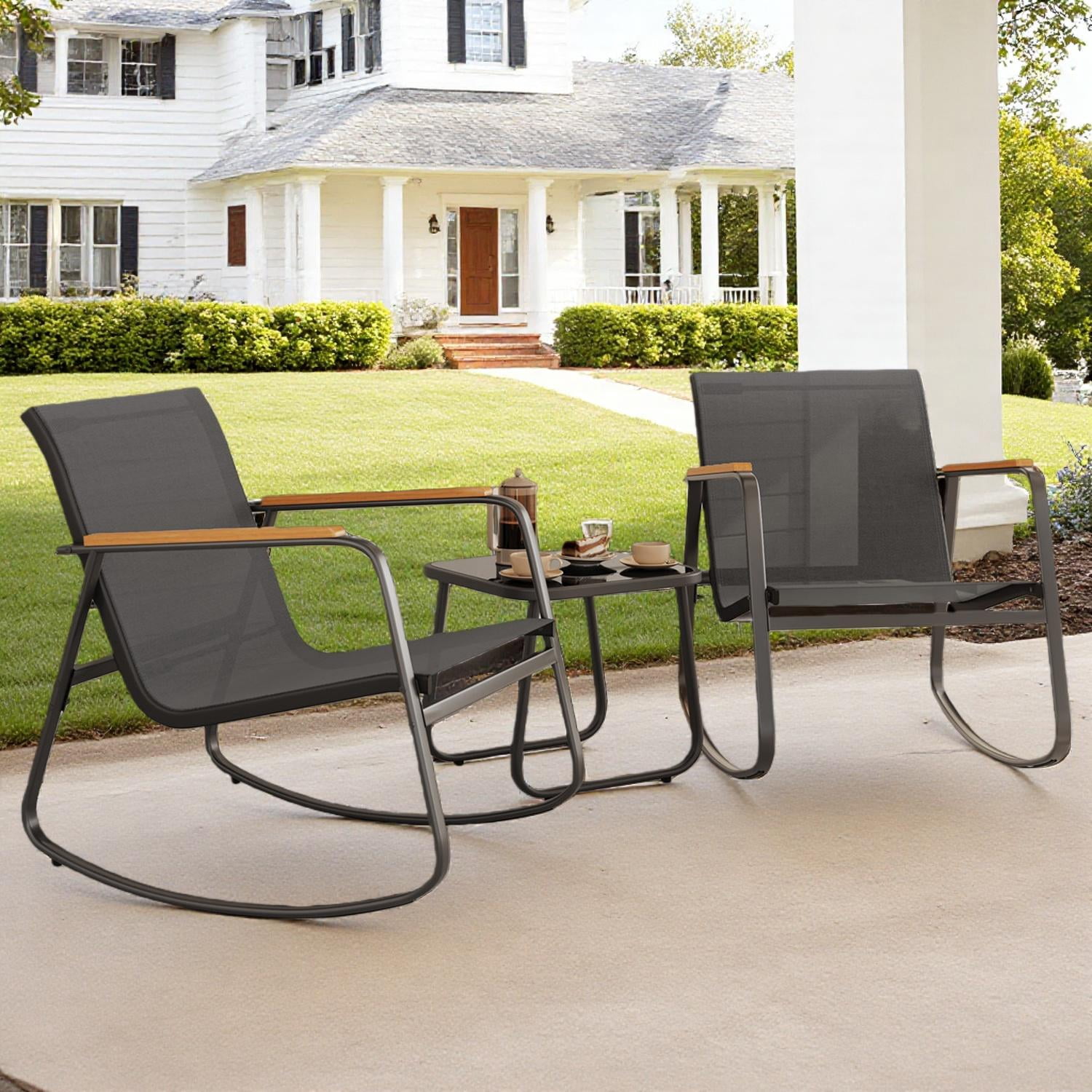 Lofka 3 Piece Patio Furniture Set, Outdoor Rocking Chair Set with Side Table, Black