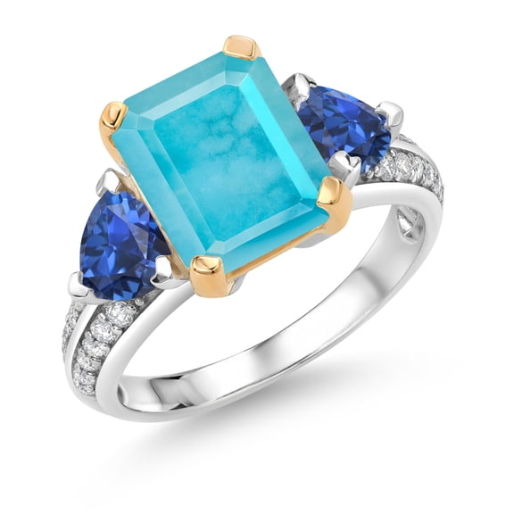 Gem Stone King 925 Sterling Silver and 10k Yellow Gold Green Turquoise and Blue Created Sapphire 3 Stone Engagement Ring for Women (3.57 Cttw, Emerald Cut Cut 10X8MM, Size 8)