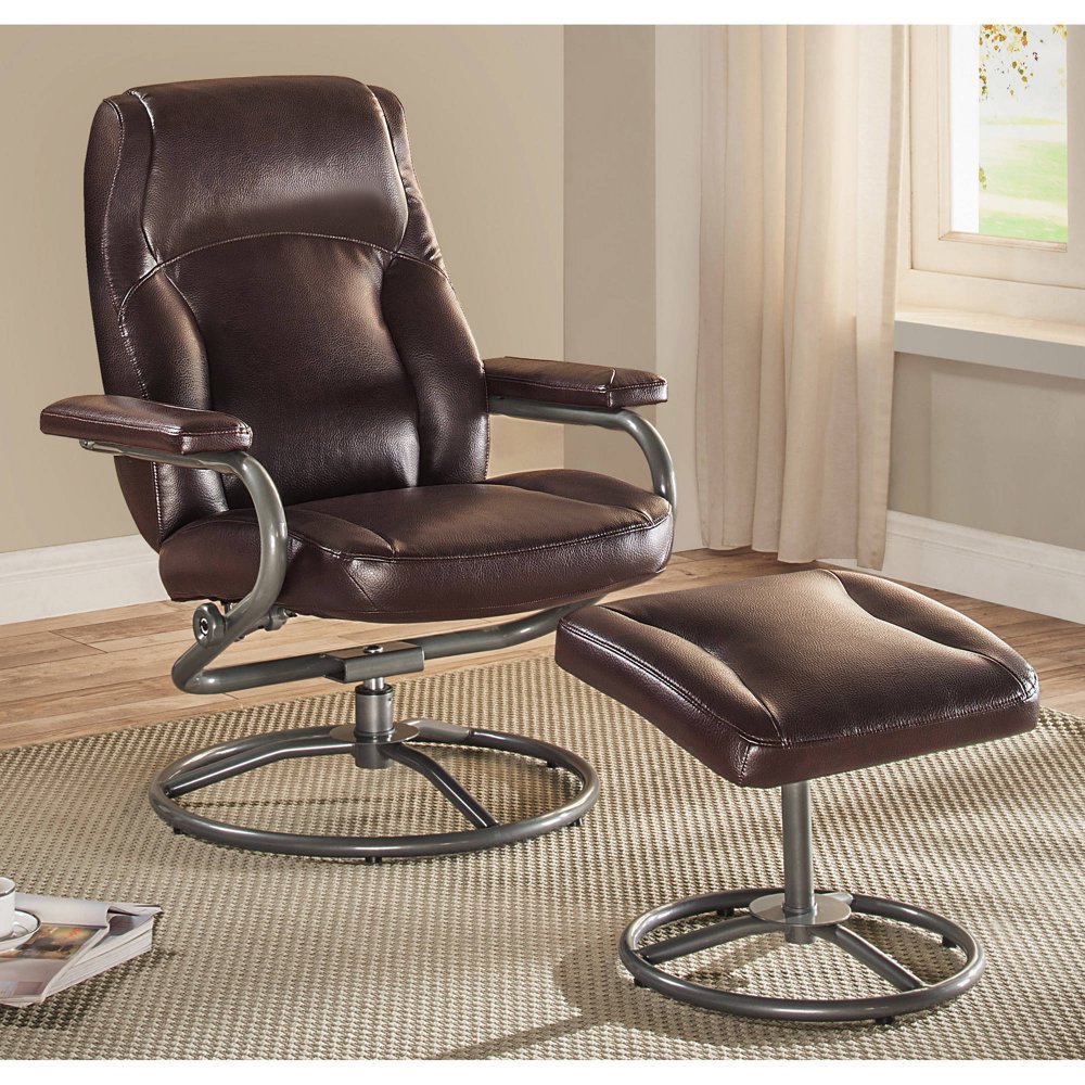 Mainstays Plush Pillowed Recliner Swivel Chair and Ottoman Set, in