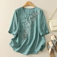 thumbnail image 2 of Taqqpue Cotton Linen Tops for Women Casual Solid Color Crew Neck Roll Up Short Sleeve T-Shirt Loose Fit Shirts Trendy Cute Floral Embroidered Button Blouse Tops, 2 of 9