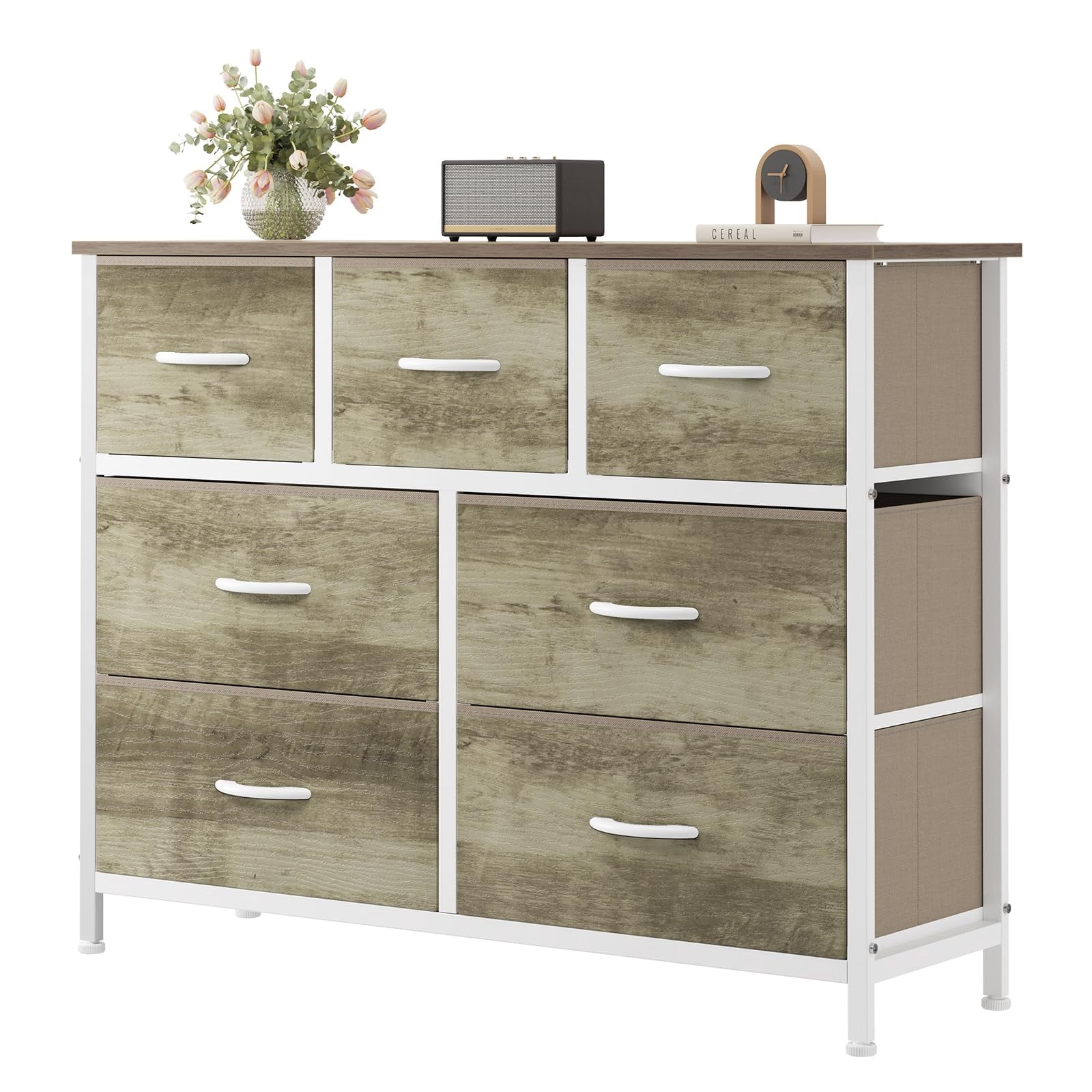 Telyra 7-Drawer Fabric Dresser TV Stand Organizer with Wood Top and Metal Frame Wide Storage Chest, Oak Greige