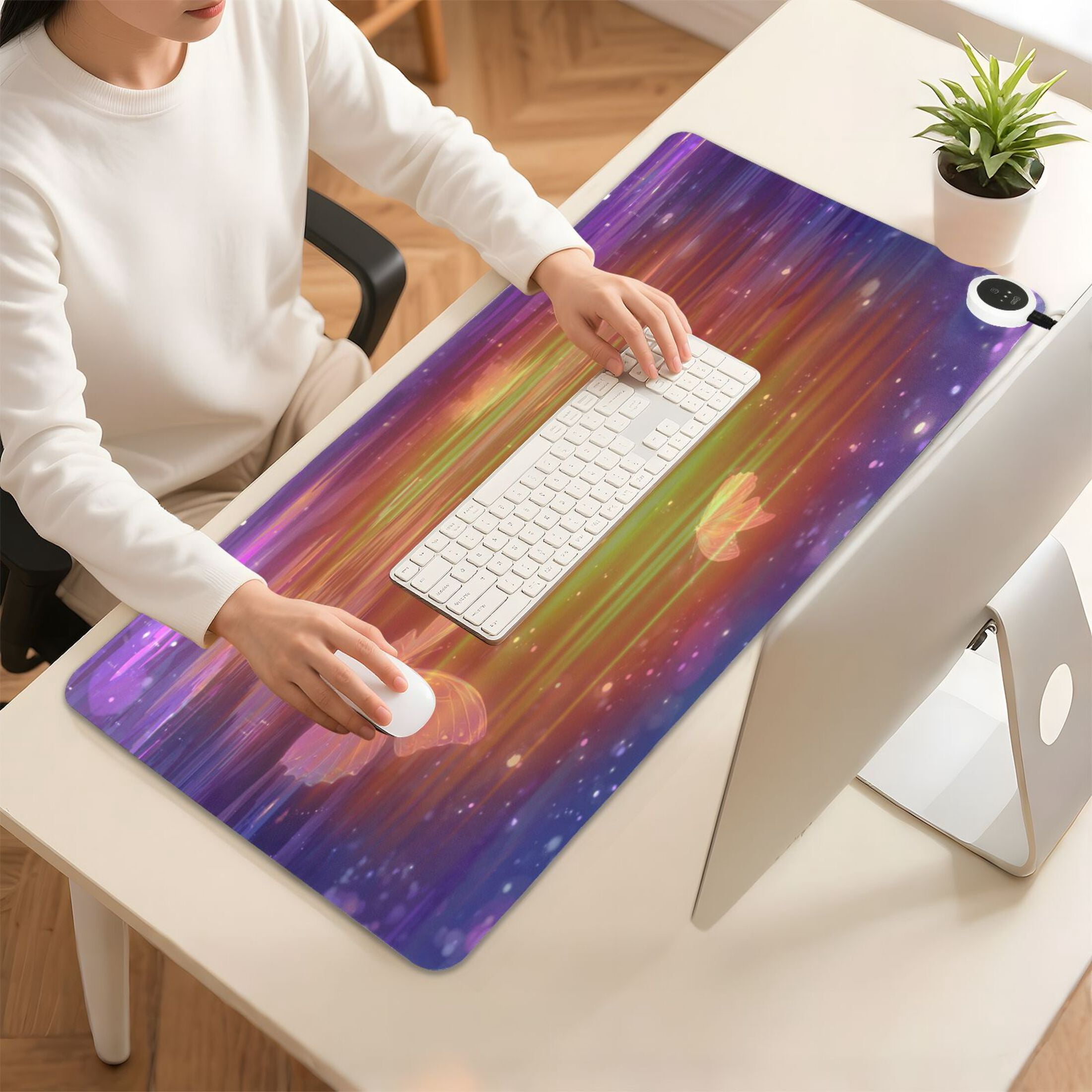Large Heated Desk Mat Mouse Pad 31.5"x13"PU Leather Graphene Heating Desk Warmer with 3 Temperature Settings 110V US Plug Non-Slip Warm Pad for Home, Office, and Gaming Crystal Pink Butterfly Pattern