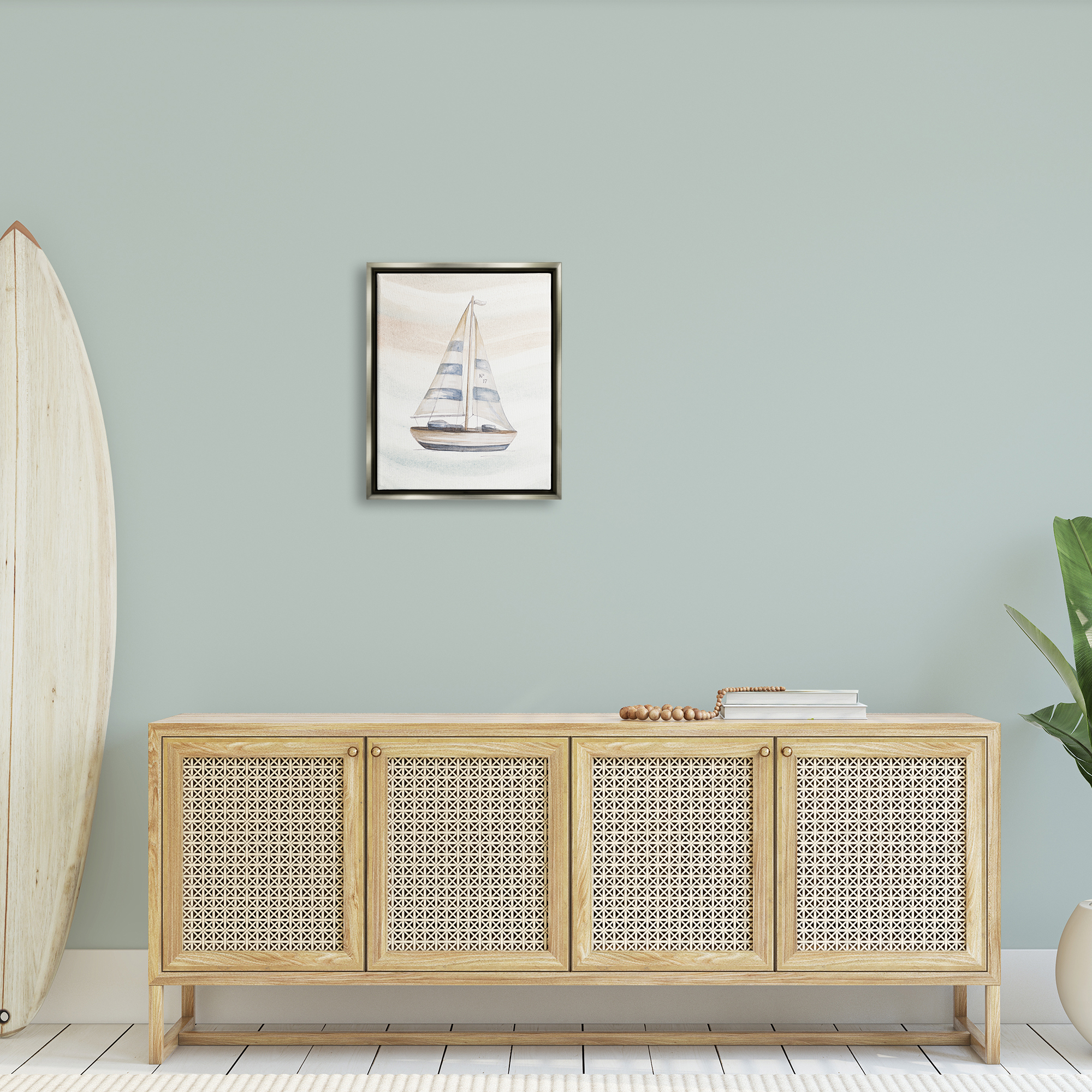 Stupell Industries Nautical Sailboat Drifting Pale Abstract Ocean Waves Graphic Art Luster Gray Floating Framed Canvas Print Wall Art, Design by Patricia Pinto