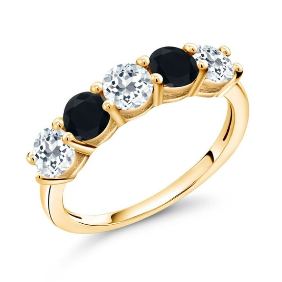Gem Stone King 18K Yellow Gold Plated Silver White Topaz and Black Onyx Wedding Band Ring for Women (0.91 Cttw, Round 3.5MM, Gemstone November Birthstone, Size 8)