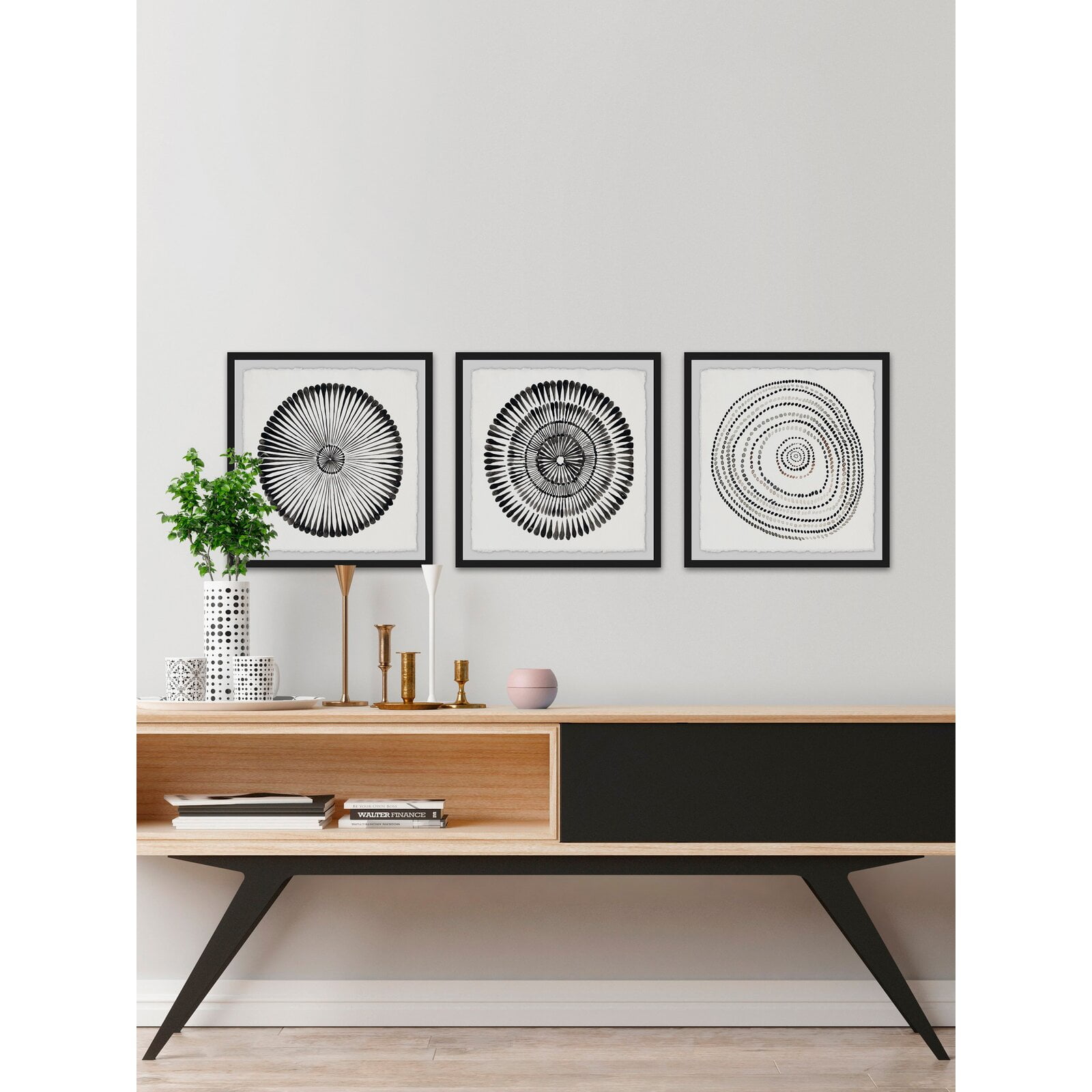 'Circle Bloom Triptych' 3 Piece Framed Watercolor Painting Print Set 