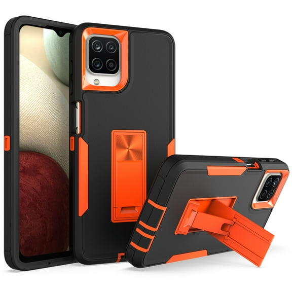 for Samsung Galaxy A12 4G Case: Military Grade Protection Shockproof Phone Cover Build-in Hidden Kickstand & Rugged TPU Shell | Matte Durable Drop Proof Heavy Duty Case,Black Orange