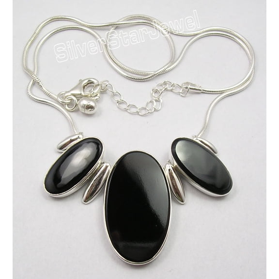 SilverStarJewel .925 Silver Big Black Onyx Flat Gem Snake Chain Necklace 18.25" 15.5 Grams