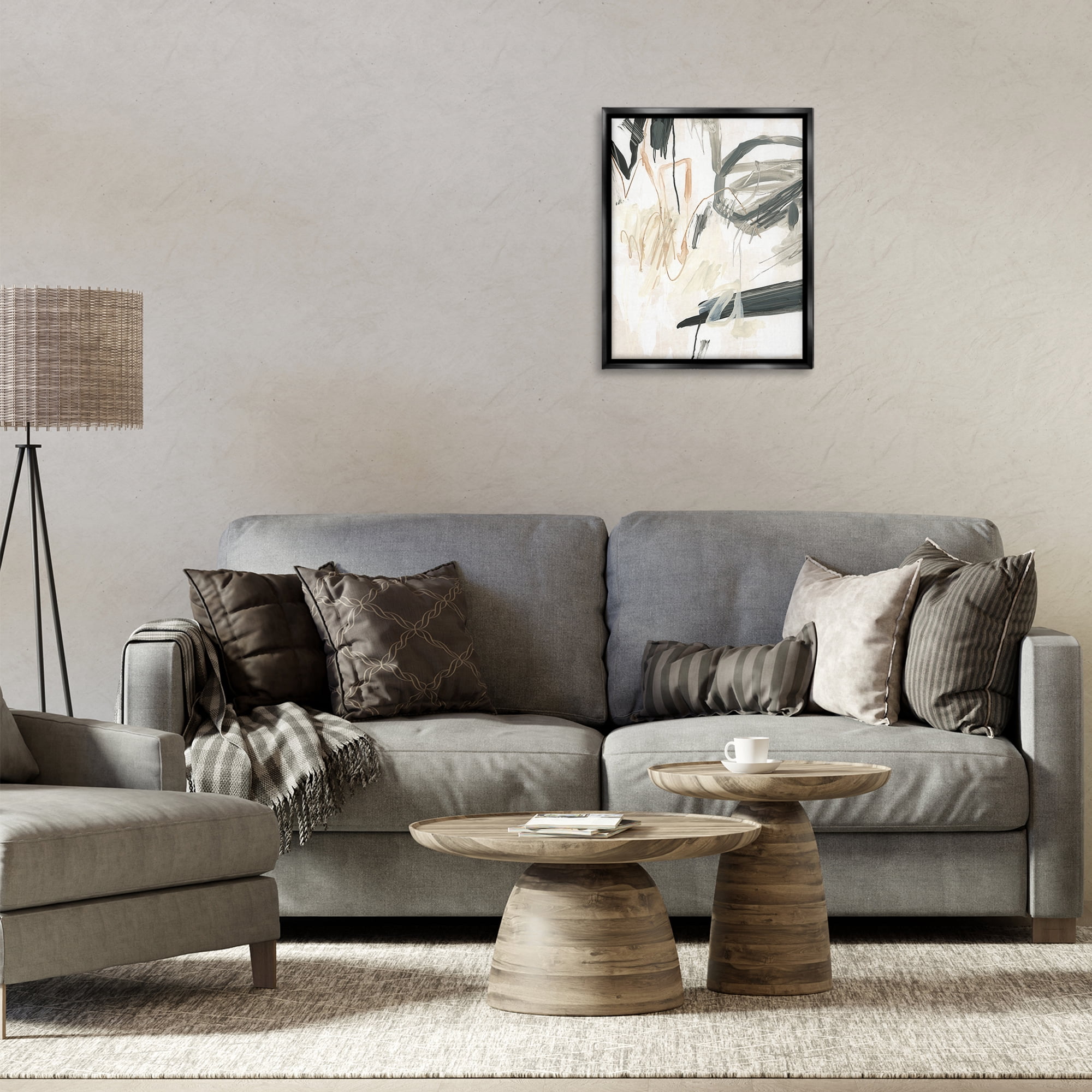 Stupell Industries Scribbled Abstract on Beige Abstract Painting Black Floater Framed Canvas Art Print Wall Art, 17 x 21