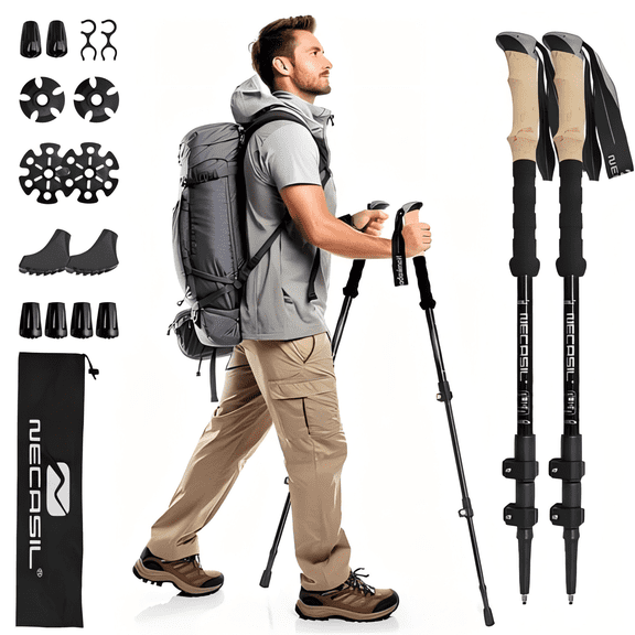 WFYL 2-pack Collapsible Trekking Poles for Hiking, Nordic Walking, Trail, Lightweight 7075 Aluminum, 3-Section Twist Lock, Hiking Poles for Women, Men & Seniors, Black