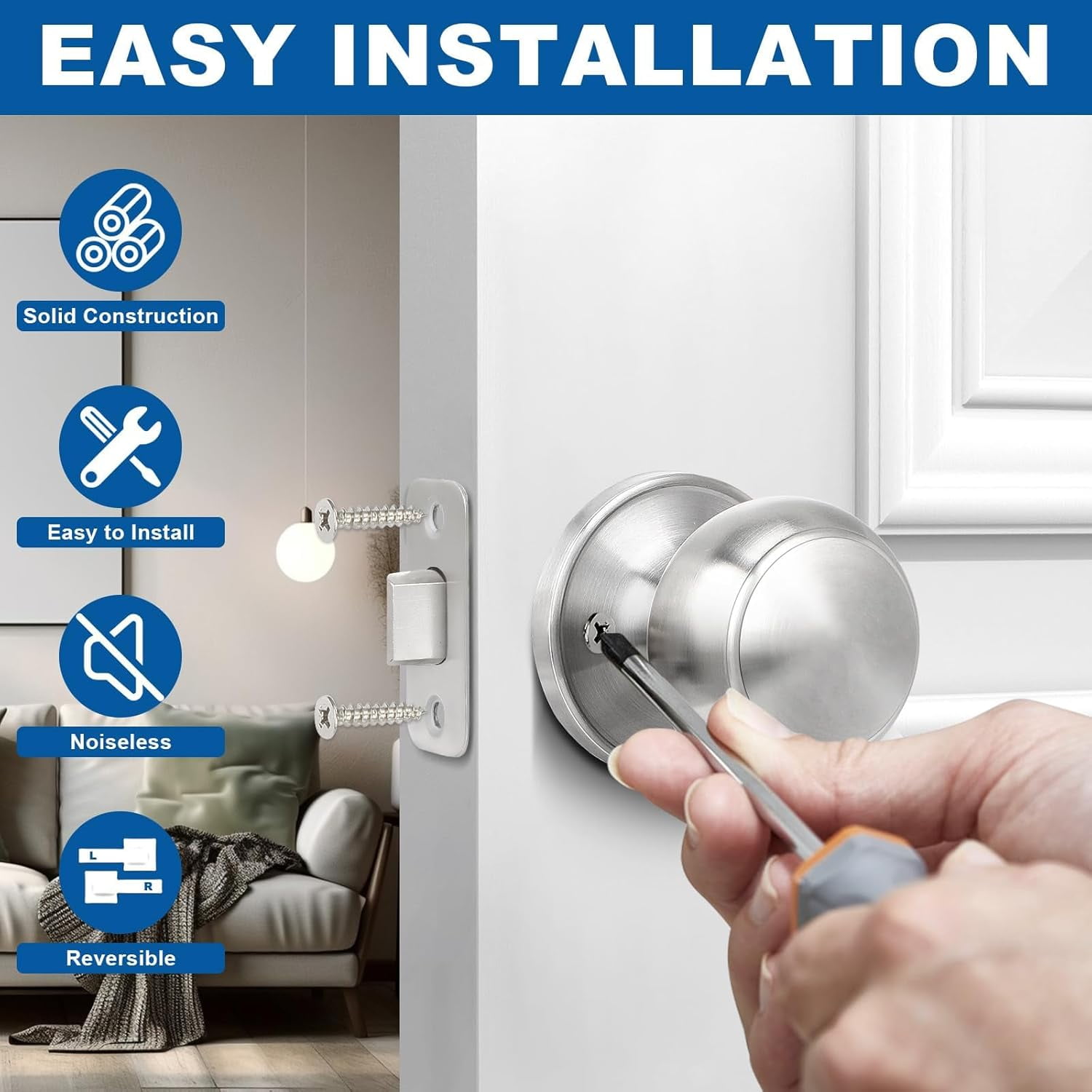 Brushed Nickel Door Knob, 6 Pack Round Keyless Doorknobs Interior/Exterior Lockset, Passage Locking Door Knobs for Bedroom/Bathroom, Modern Design Door Hardware