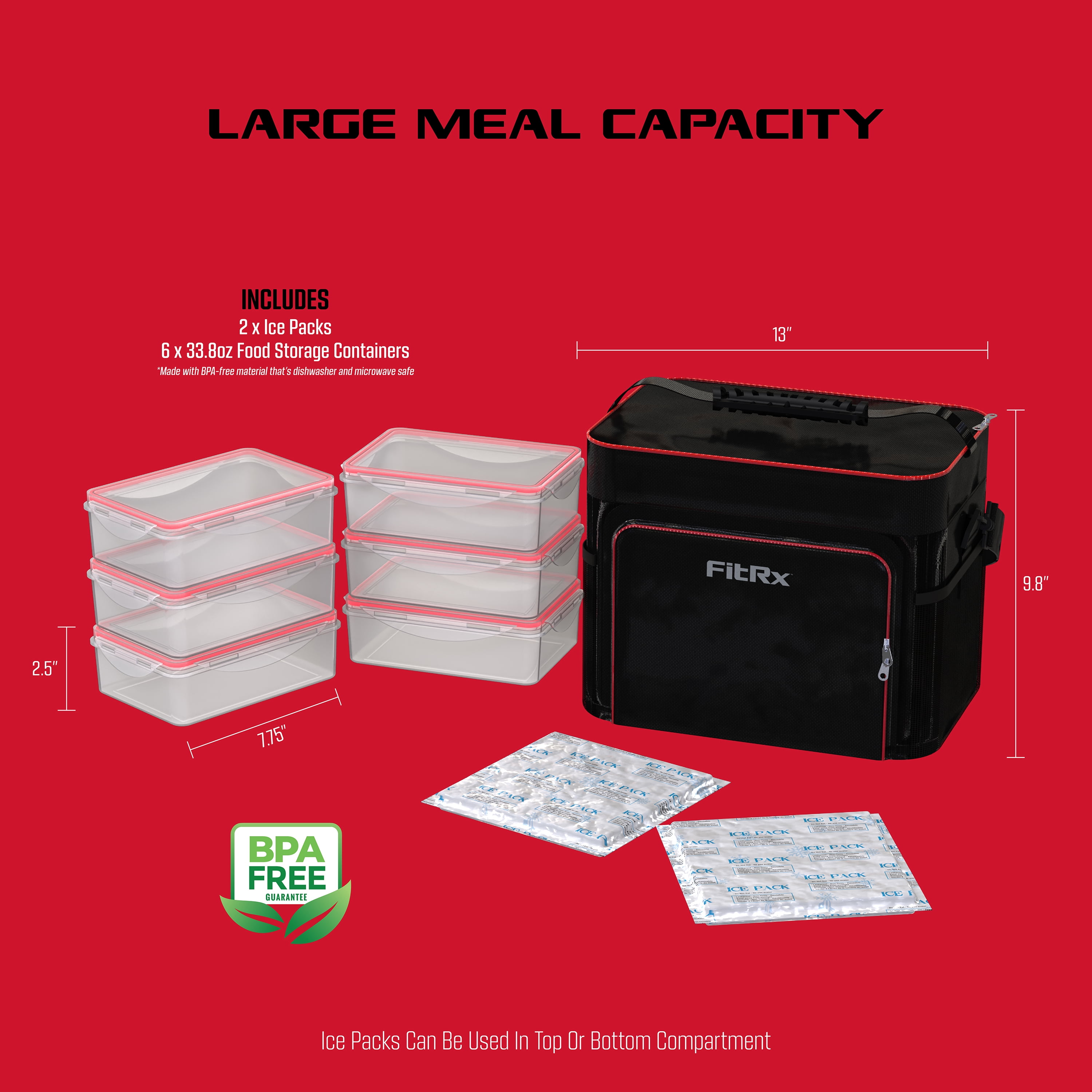 FitRx Meal Prep Cooler Bag, Insulated Lunch Box, Lunch Bag with Containers and Ice Packs, Polyester