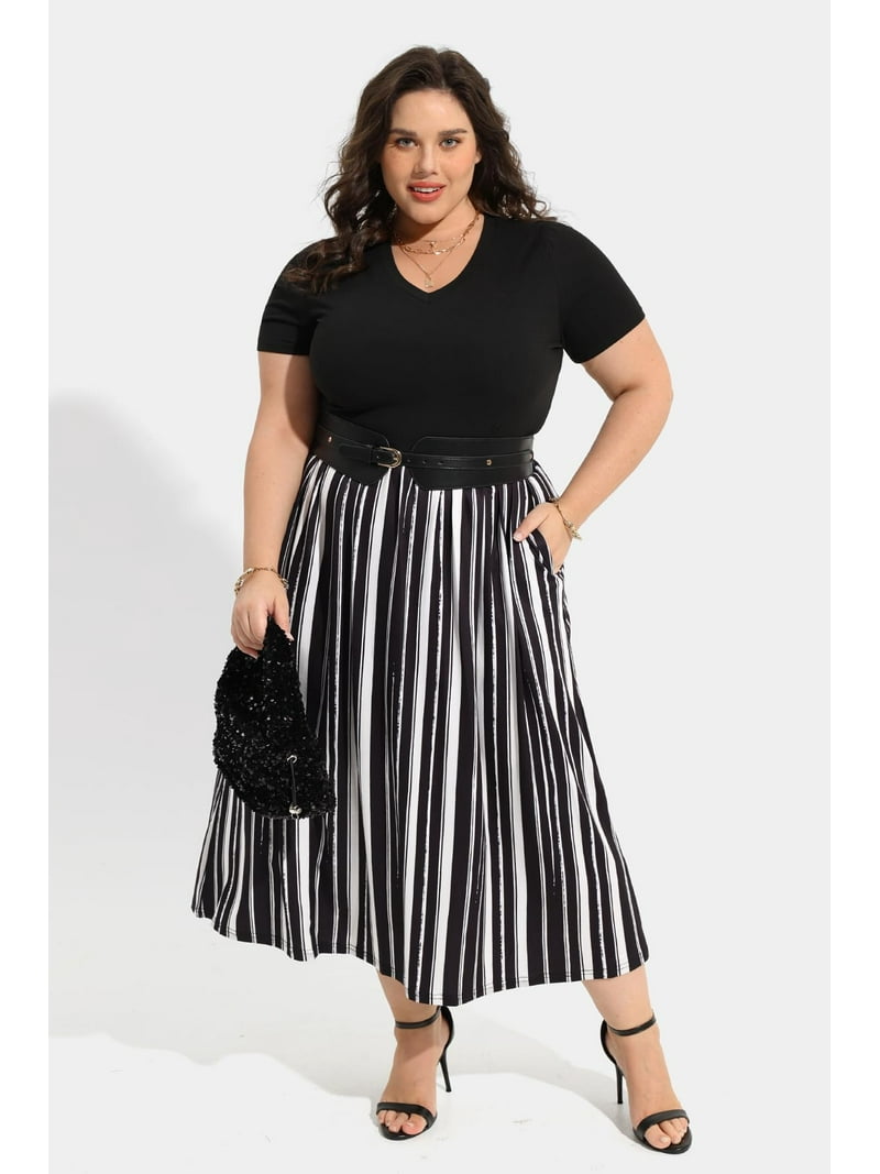 plus size black and white striped dress Black & White Striped Skater Dress Plus Size