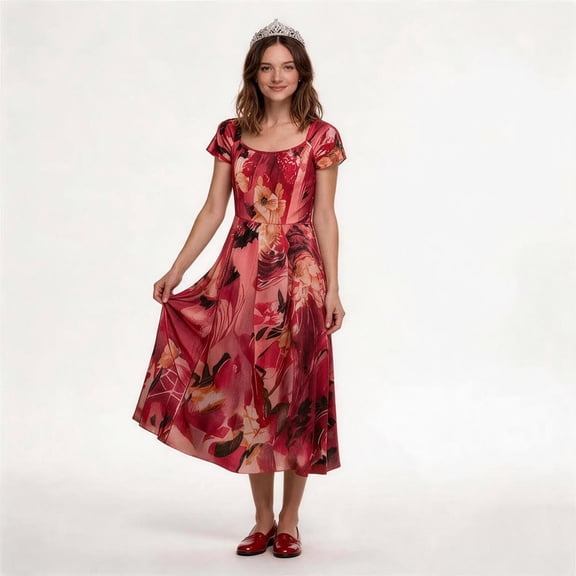 MIRUXO Widow Floral Dress Costume Adult Red Printed Scoop Neck Midi Dress Tiara Cosplay Outfit for Halloween Stage Party, 2 Piece Set