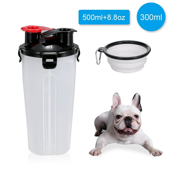 Botella de agua y comedero plegable para mascotas, diseño 2 en 1, ideal para viajes y paseos, color blanco, capacidad de 500ml de agua y 8.8oz de comida, material seguro y fácil de limpiar.