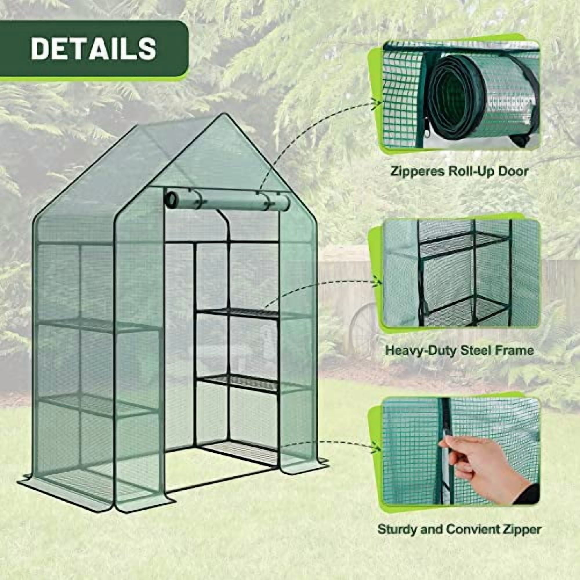 Outdoor Portable Walk-in Greenhouse 3 Tiers 6 Shelves w/ Durable Cover Roll Up Zipper Door Steel Frame Windows Greenhouse w/ Ground Pegs, Ropes for Garden, Patio, Backyard