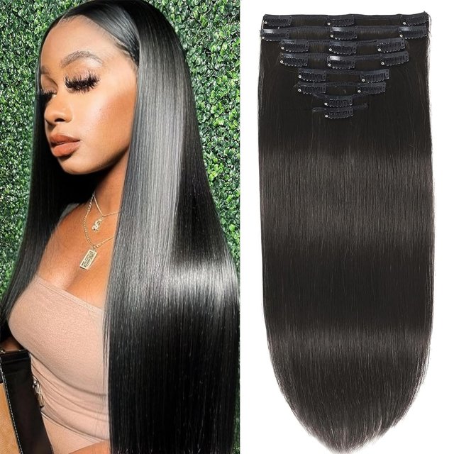 Extensiones de cabello con clip Cabello humano real Clip Ins Remy Cabello humano Negro Mujeres Invisible Natural Recto Sin costuras Clip en extensiones de cabello 8 piezas Doble trama # 1B 20 pulgadas