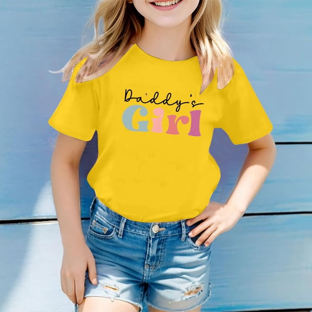 Girls Tops - Casual Letter Pattern Print Multicolor Round Neck Short Sleeves for Kids