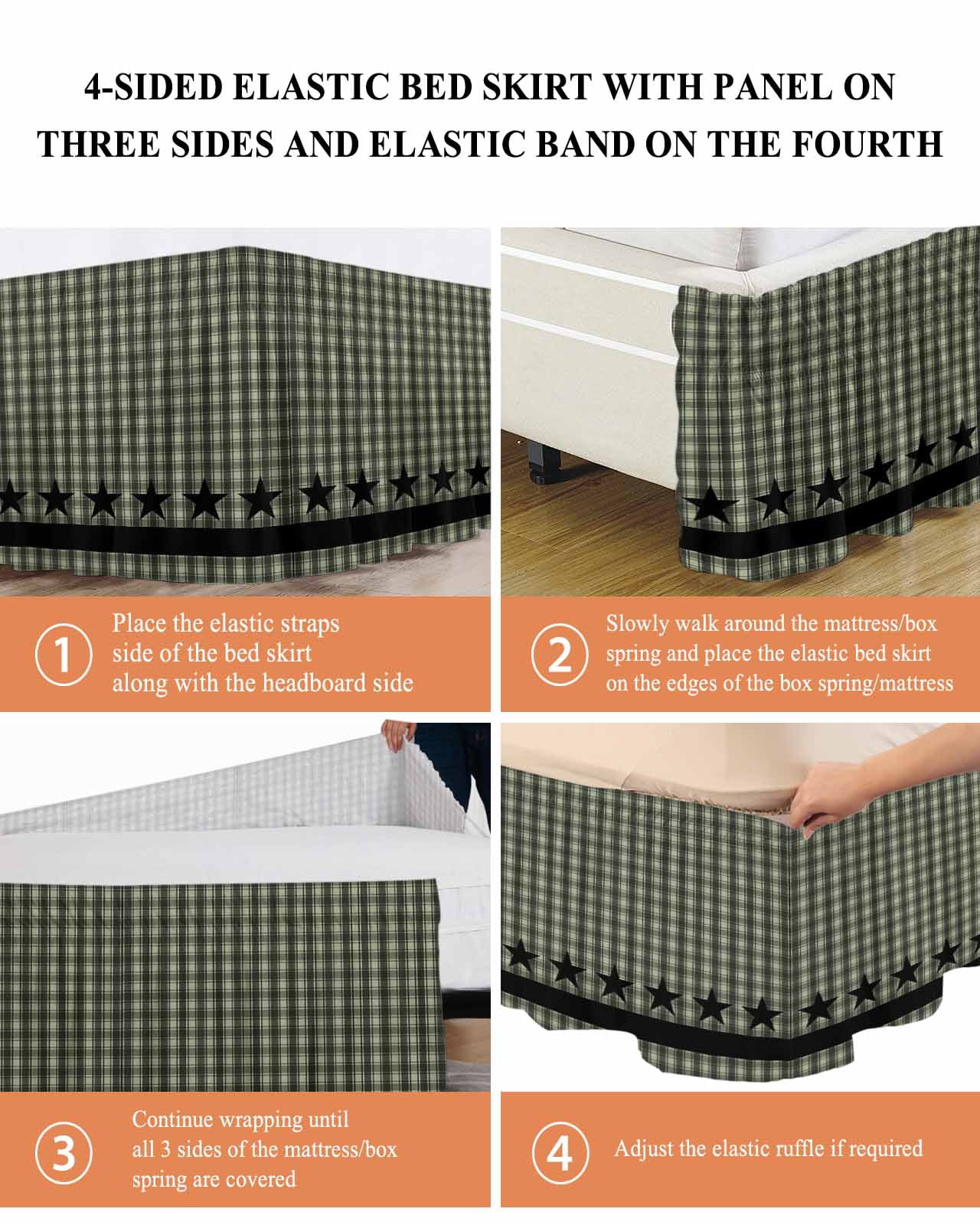 Sage Green Black Plaid Bed Skirt King Size, Vintage Star Buffalo Check Rustic Wrap Around Bed Skirting with Adjustable Elastic Strap, Dust Ruffled Pleated Bedskirts 18 Inch Drop for Bedroom King Beds