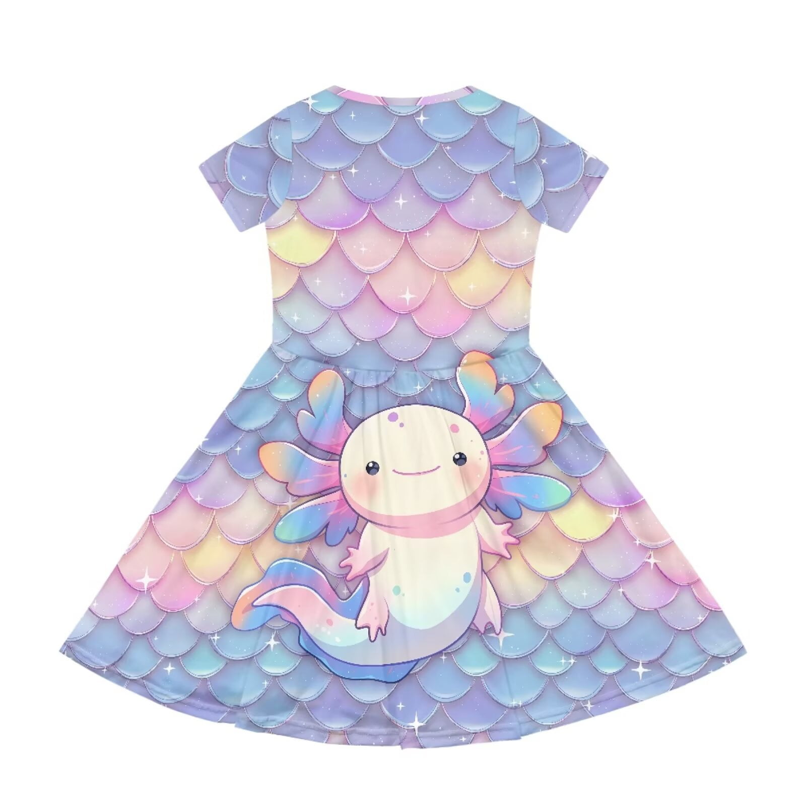 Uourmeti Girls Axolotl Dresses Size 5-6 Fish Scale Short Sleeve Swing Dress Summer Crewneck Midi Dresses Casual Soft Knee Length A-Line Dress with Pockets