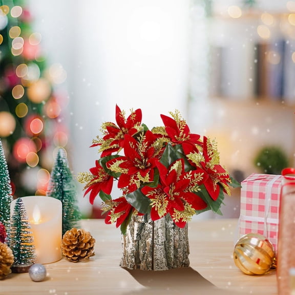 NIUBWJL 2 Pcs 7 Head Glitter Christmas Artificial Flowers 12.6 In, Plastic Poinsettia Stems For Vase Wreath Garland Tree Wedding Party Home Decoration