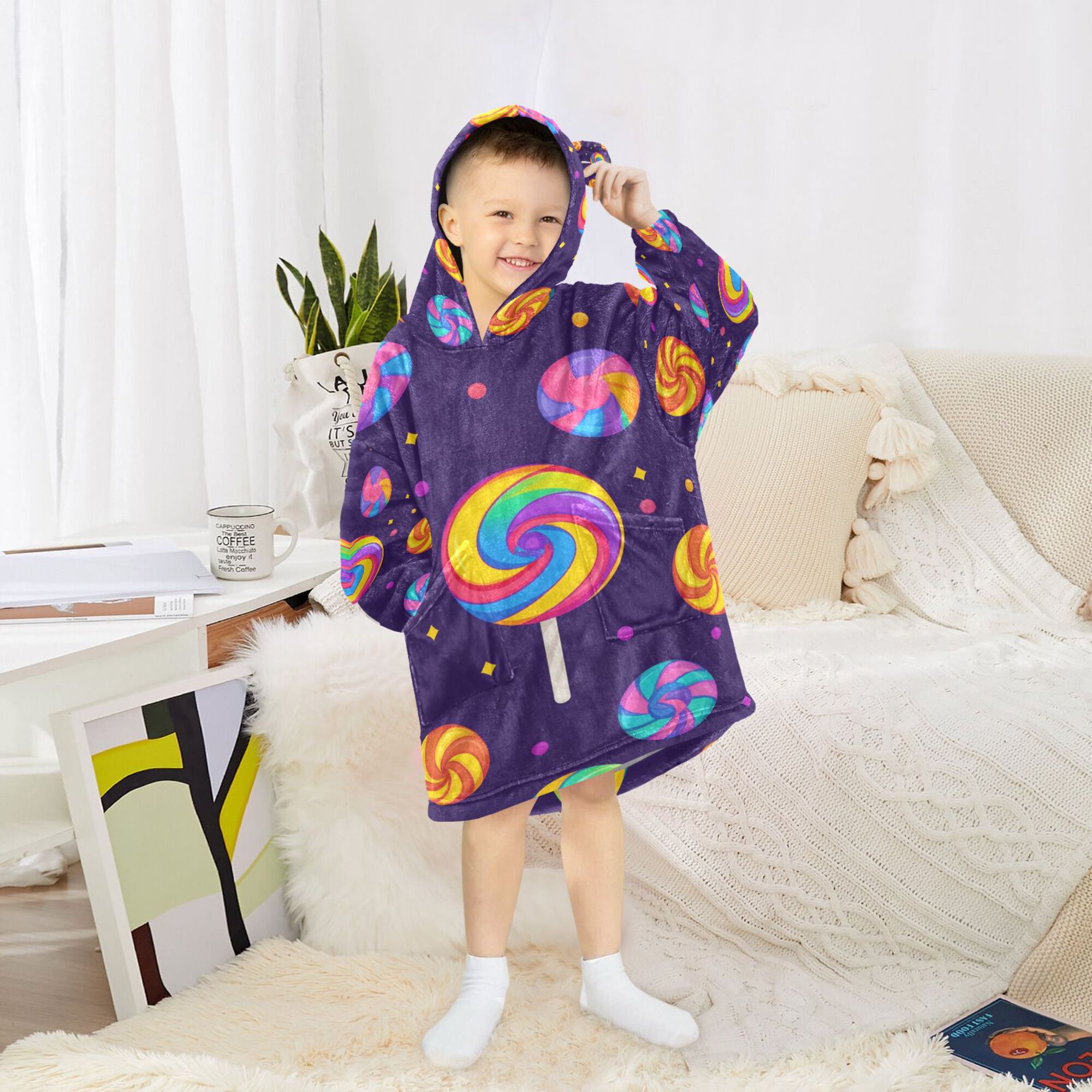 FORMRS Wearable Blanket Hoodie with Sleeves for Kids Cozy Flannel Sweatshirt, Candy Carnival
