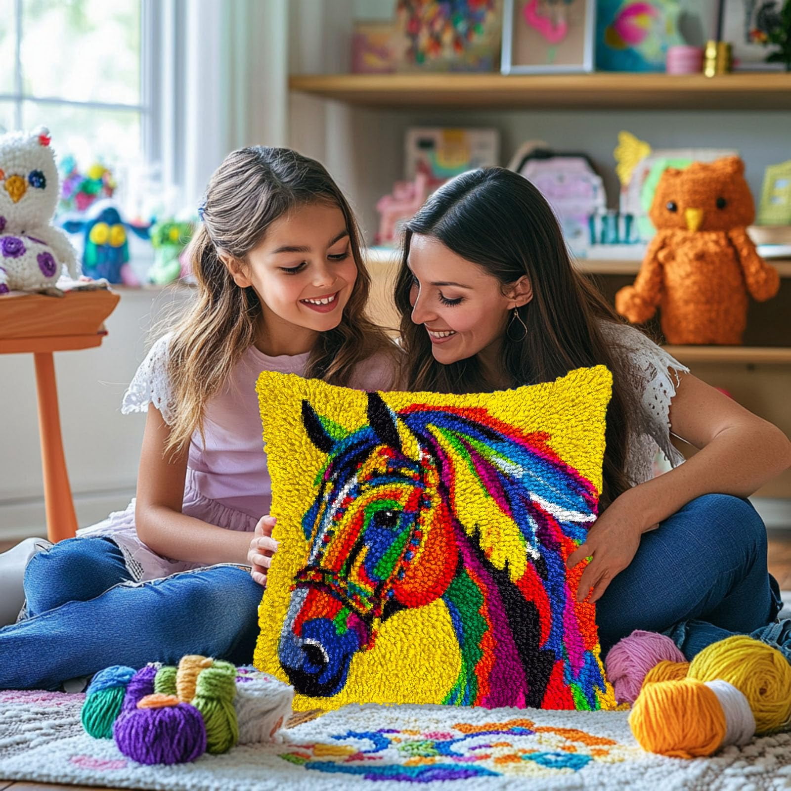 Colorful Horse DIY Latch Hook Pillow Kits for Adults Printed Pillowcase Crochet Yarns Hooking Handmade Pillow Cover Cushion for Home Sofa Decoration 17x17inch
