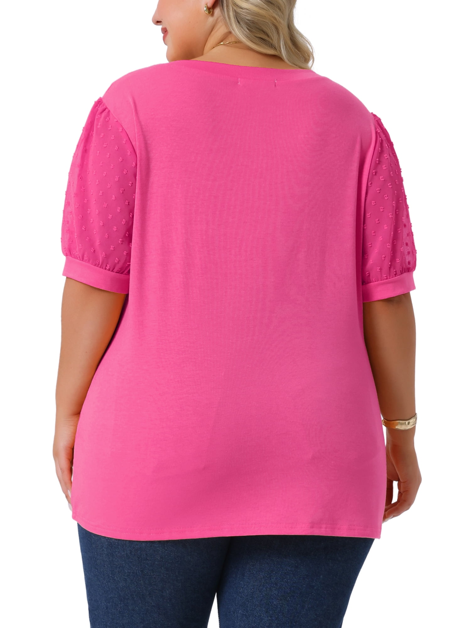 Women's Plus Tops V Neck Swiss Dots Puff Sleeve Casual Blouse Shirt 3X Hot Pink