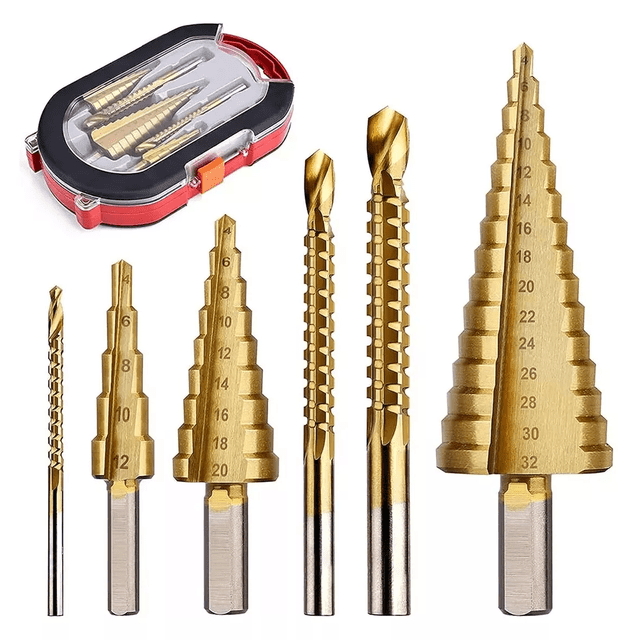 Brocas Escalonadas Sierra Titanio Acero Hss 4-12/20/32mm 6 pzs, Dorado