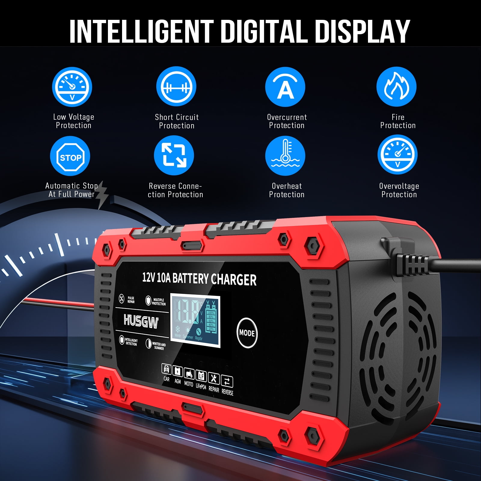 HUSGW Battery Charger 10-Amp 12V Fully-Automatic Smart Car Battery Charger, Battery Maintainer Trickle Charger, Compatible with Lead-Acid & LiFePO4  Iron Batteries，AGM, STD, Gel, Deep Cycle Batteries