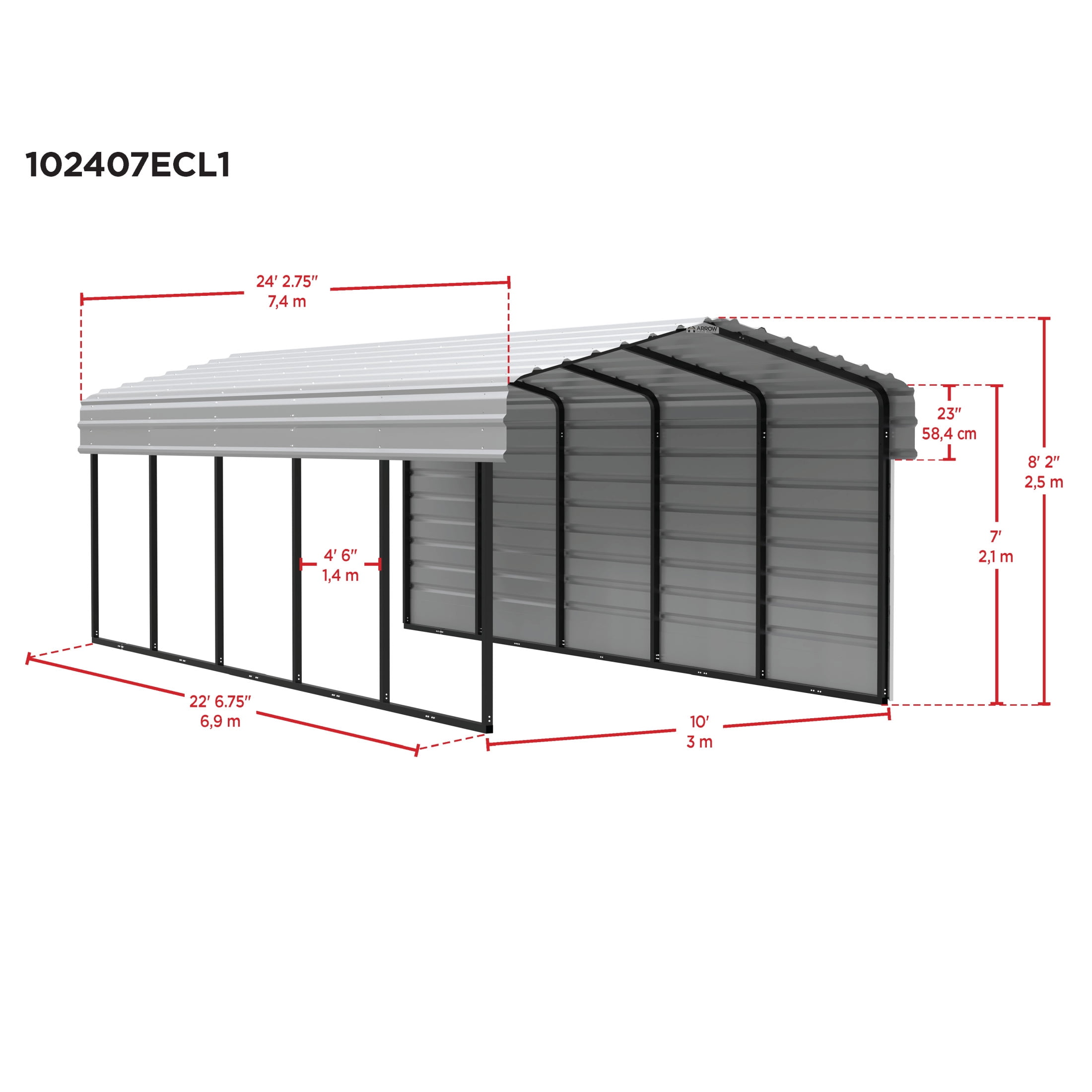 Arrow 10 x 24 x 7 ft Eggshell Carport With 1 Side Wall Kit