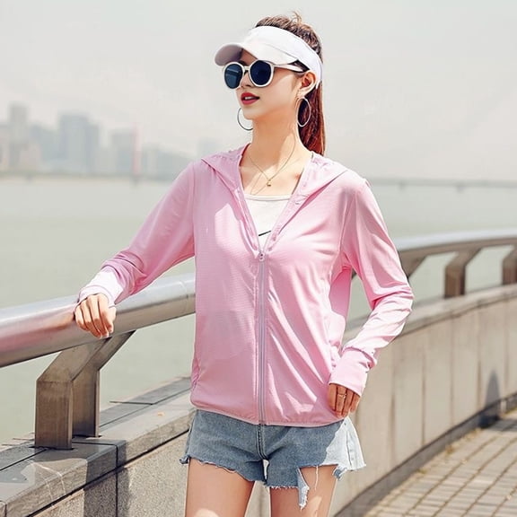 Mdesiwst Women Sunscreen Coat Zipper Opening Hooded Ice Silk Anti-UV Thin Long Sleeve Great Breathability Pure Color Quick-drying Cycling Camping Jacket
