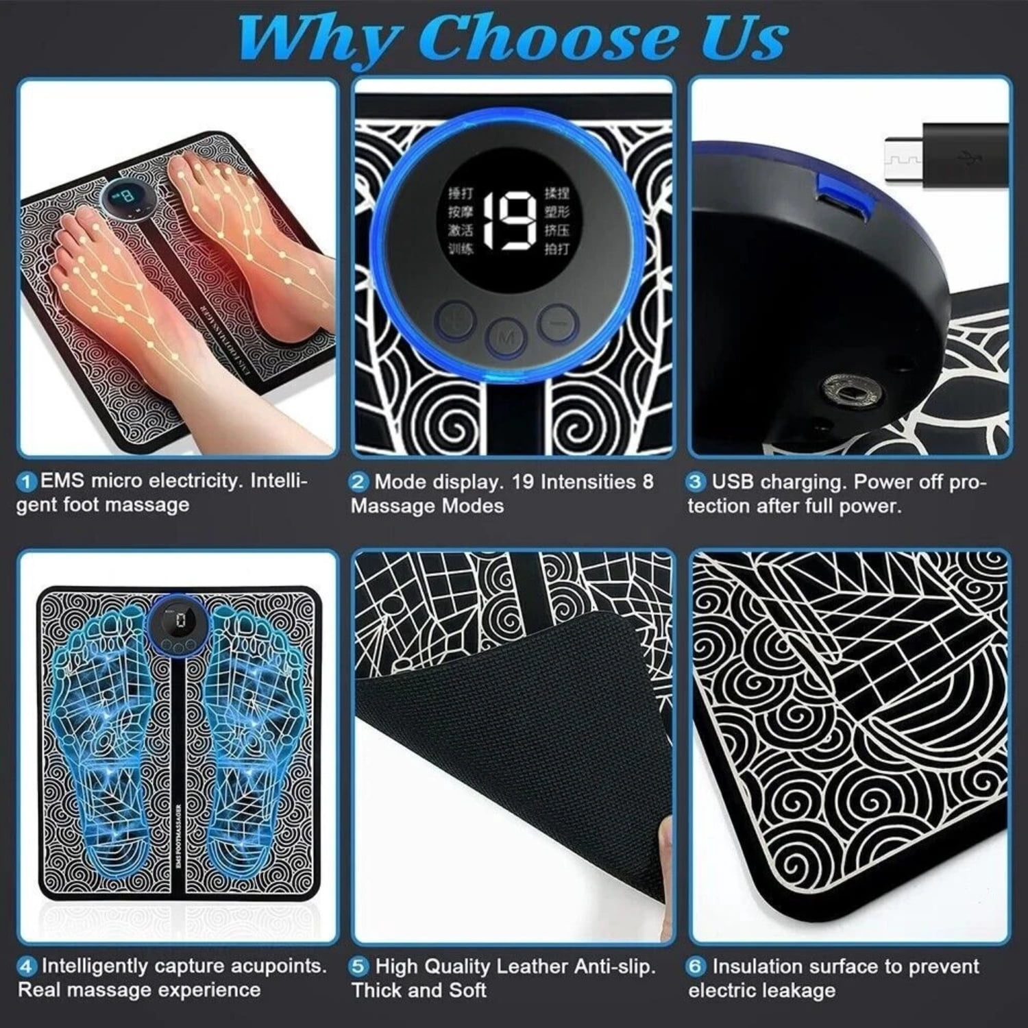 FFORCE Electric Muscle Stimulator Electric Foot Massager Pad Massage Mat Relief Pain with 16 Modes Heat for Foot Leg Back Relaxation