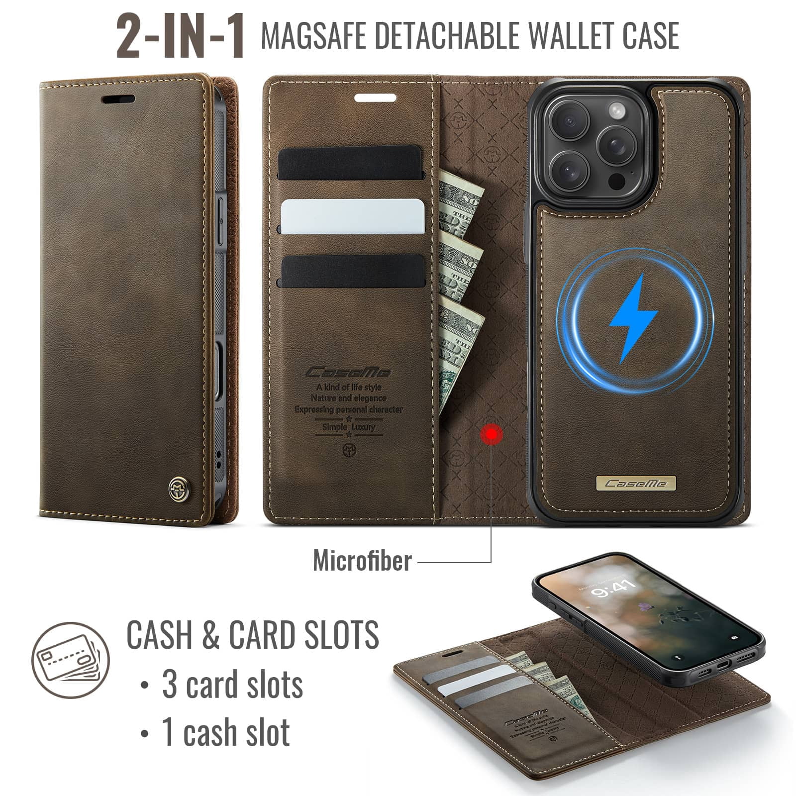 Magnetic 2 in 1 Magsafe Detachable Wallet Case for iPhone 16 Pro Max with Card Holder Women Men, Retro PU Leather【RFID Blocking】Kickstand Shockproof Cover