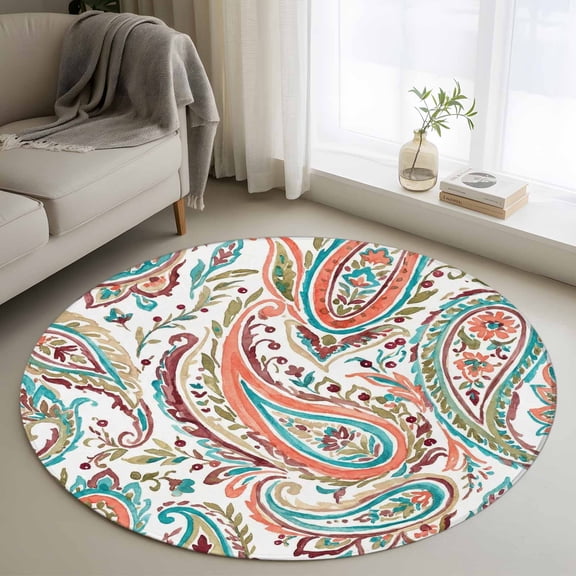 Round Rug 4Ft Washable Non-Slip, Paisley Flower Circle Area Rugs for Living Room Bedroom, Spring Watercolor Floral Leaf Plant Orange Indoor Floor Mats Carpet Runner for Home Decor Aesthetic