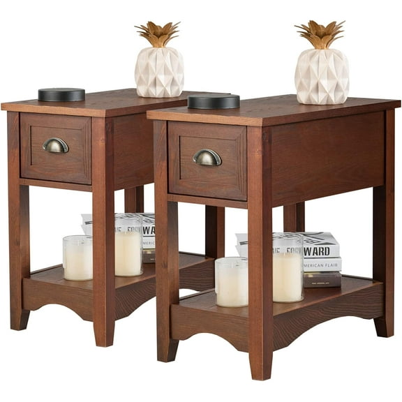 KOTEK End Table with Drawer and Open Shelf, Retro Narrow Side Table Nightstand w/Solid Wood Legs, Slim End Table for Small Space, Living Room, Bedroom, Home Office (Set of 2, Walnut)