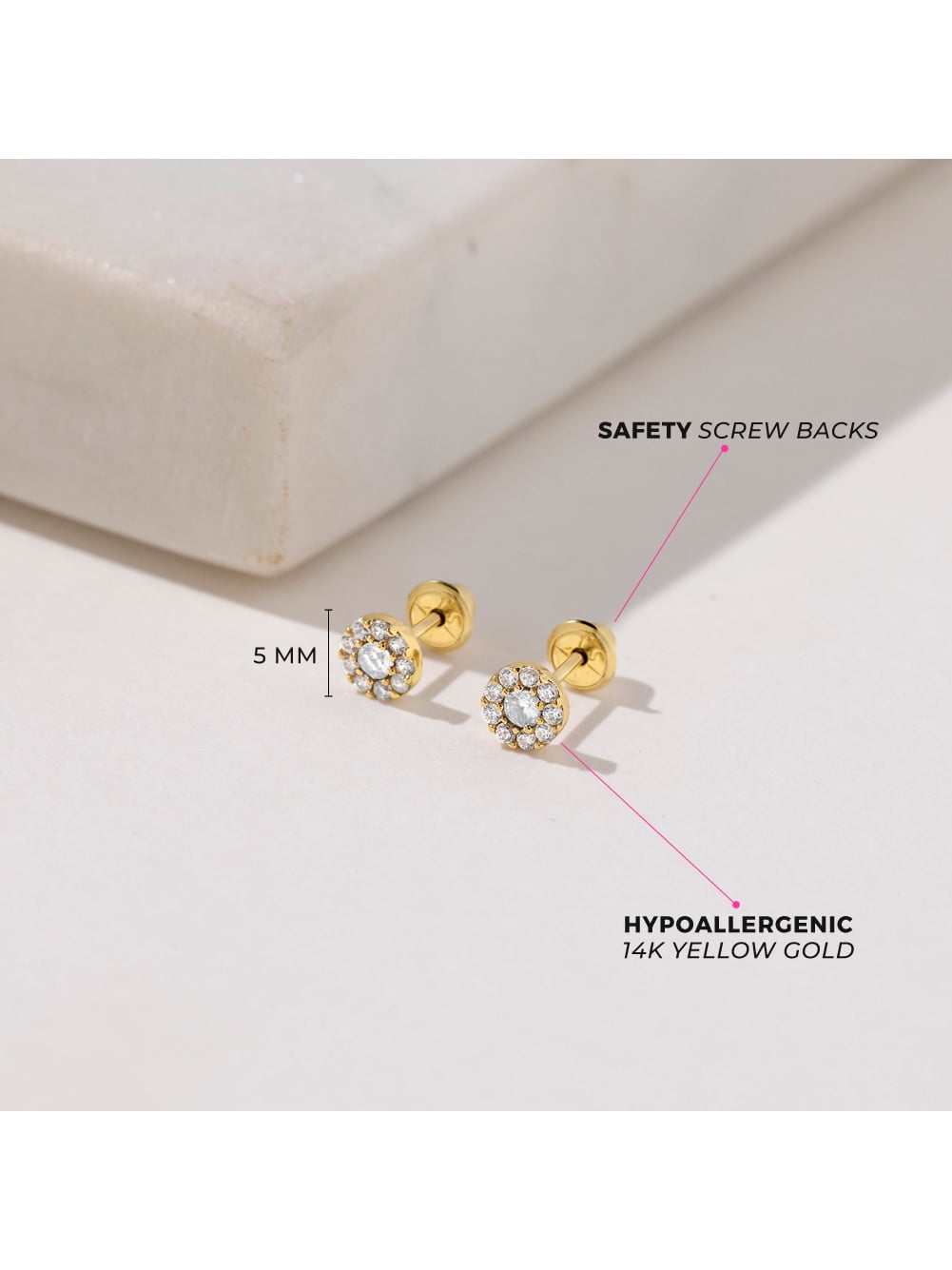 14k Gold CZ Burst Clear Kids / Children's / Girls Earrings Safety Screw Back