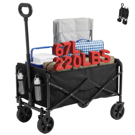 Gianna Collapsible Folding Wagon, Heavy Large Capacity Garden Wagon, Big Bucket Beach Cart with Multi-Terrain Brake Wheels for Outdoor Camping, Shopping, 28.7" X 18.7" X 35.4",Black