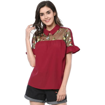 Embroidered Collar Bodysuit - Unique Bargains Women's Ruffle Cuff Collared Floral Embroidered Tops