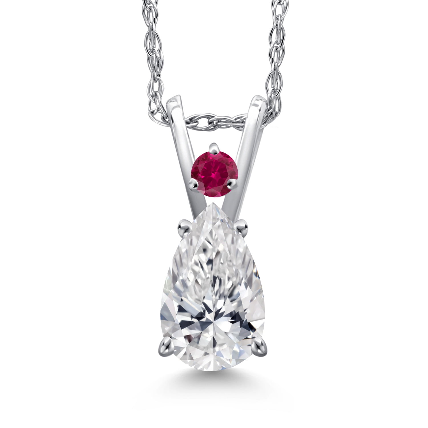 Gem Stone King 14K White Gold DEF Lab Grown Diamond and Red Created Ruby Pendant Necklace for Women | 0.57 Cttw | Gemstone April Birthstone | Pear Shape 7X5MM | With 18 inch Chain