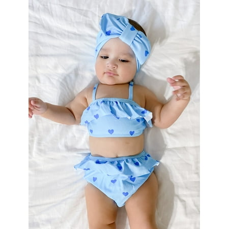 

Baby Girl 3pcs Heart Print Ruffle Trim BIkini Swimsuit Swimwear Beachwear Swimsuit Swimwear Beachwear S221905X Baby Blue 80(9-12M)