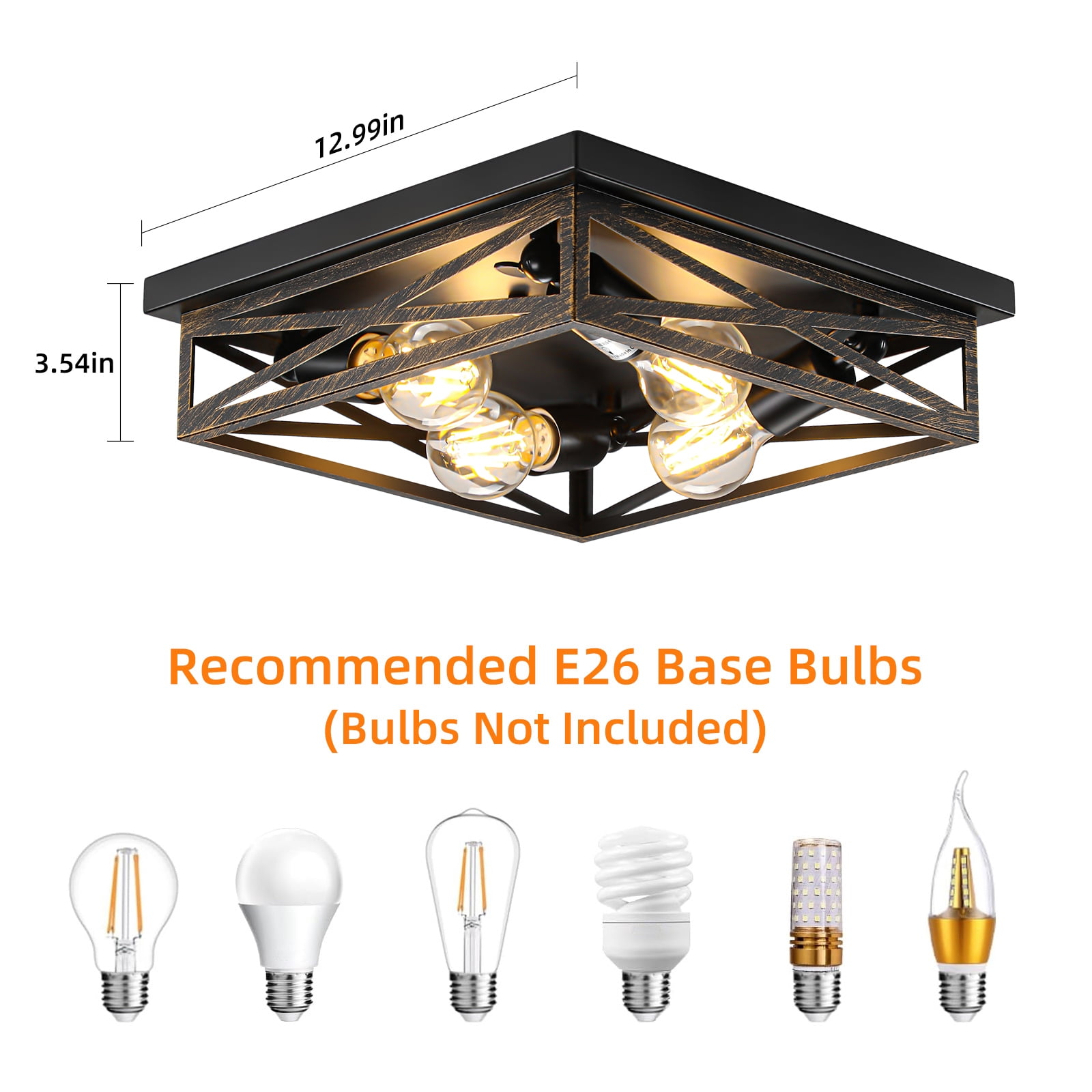 2 Pack Flush Mount Ceiling Light, Modern Farmhouse Light Fixture,Industrial Square Metal Cage Ceiling Light for Kitchen, Hallway E26 Base(13in)