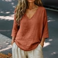 thumbnail image 2 of Mature Women Clothing, Womens Linen Tops 3/4 Sleeve V-Neck Linen Cotton Tunic Blouse, Casual Peasant Shirts Soft Light Beach Vacation Tees Loose Airy Shirts for Outdoor Leisure And Vacations, 2 of 9