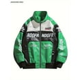 thumbnail image 3 of Men's PU Leather Racing Style Zip-up Jacket - Green and Black Color-block, Stand Collar and "HOOD FRENDS" Pattern Print, Casual Streetwear, Casual Clothing, Daily Jacket | Modern Casual Jacket, 3 of 5