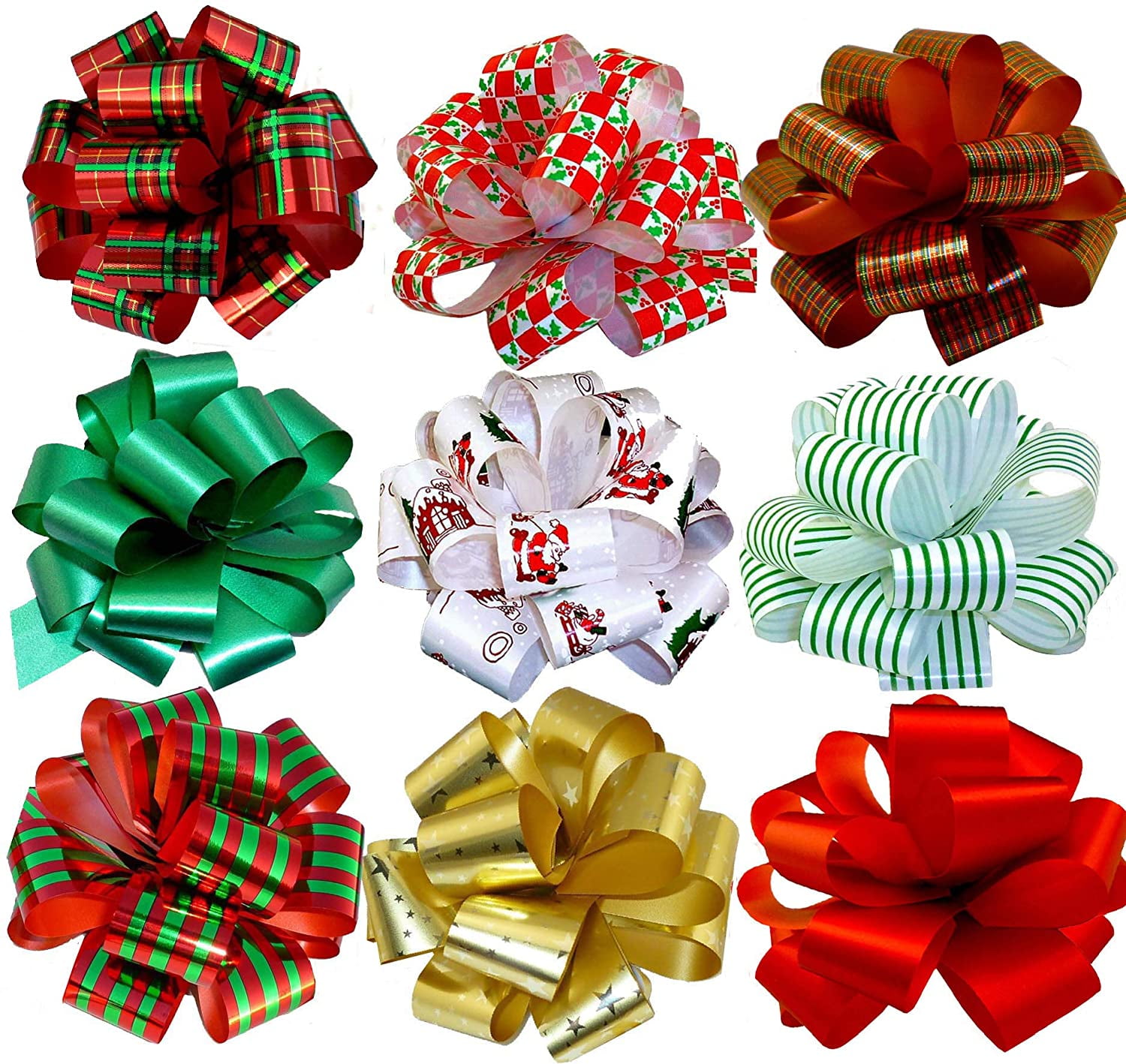 Bows for Gifts Wide 5 in Christmas Pull Bows Green Red Set of 9 Boxing Day Gold 13 cm Xmas Presents Swirls Stripes 