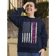 thumbnail image 3 of Breast Cancer Support Pink Ribbon Fight US Flag Crewneck Sweatshirt, M, Navy, 3 of 5
