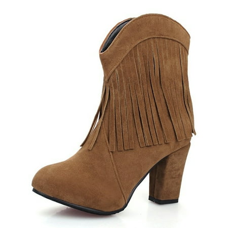 

Avamo Womens Breathable Block Heels Bootie Block Heel Ankle Boots Walking Tassel Stacked Booties Yellow 7.5