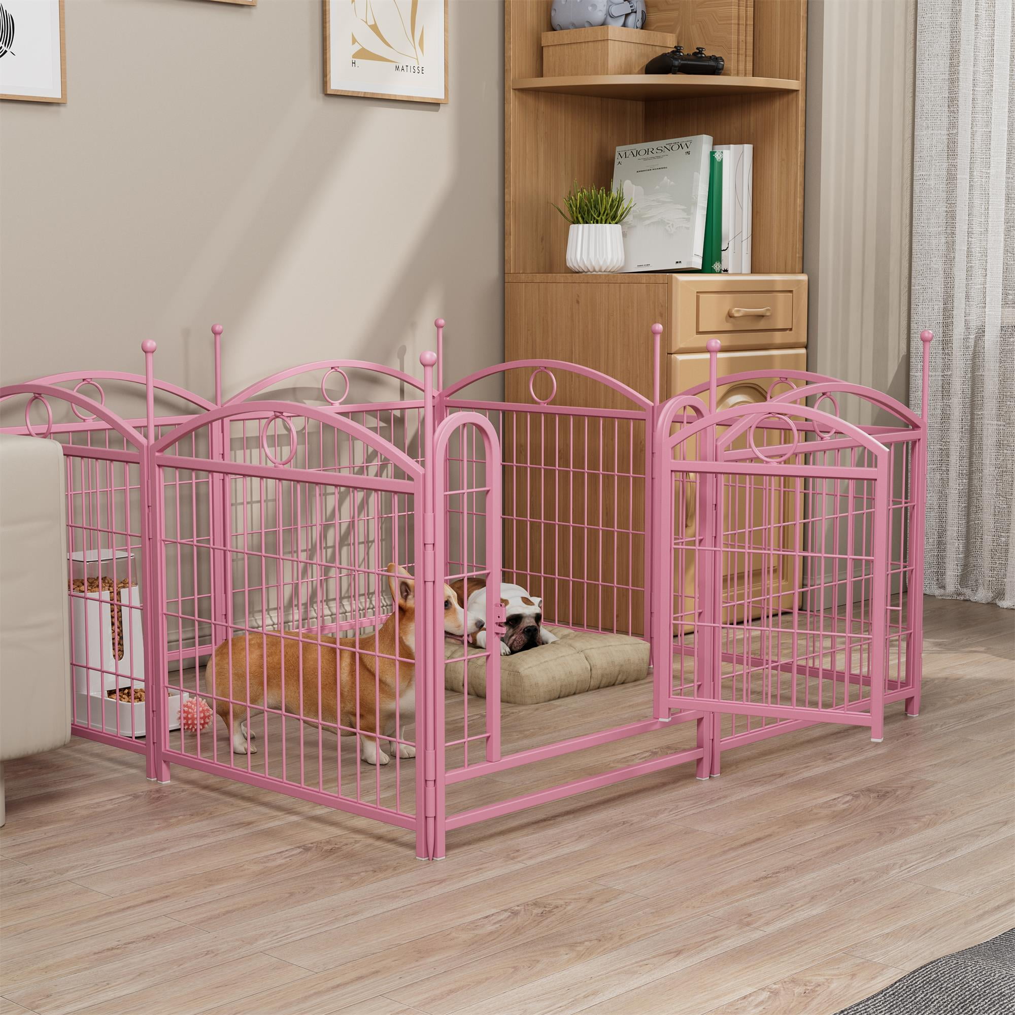 Pefilos Outdoor Dog Playpen with Doors, 24" 8 Panels Indoor Dog Fence Metal Dog Pen Pet Puppy Exercise Pen for RV Camping Garden Yard, Pink